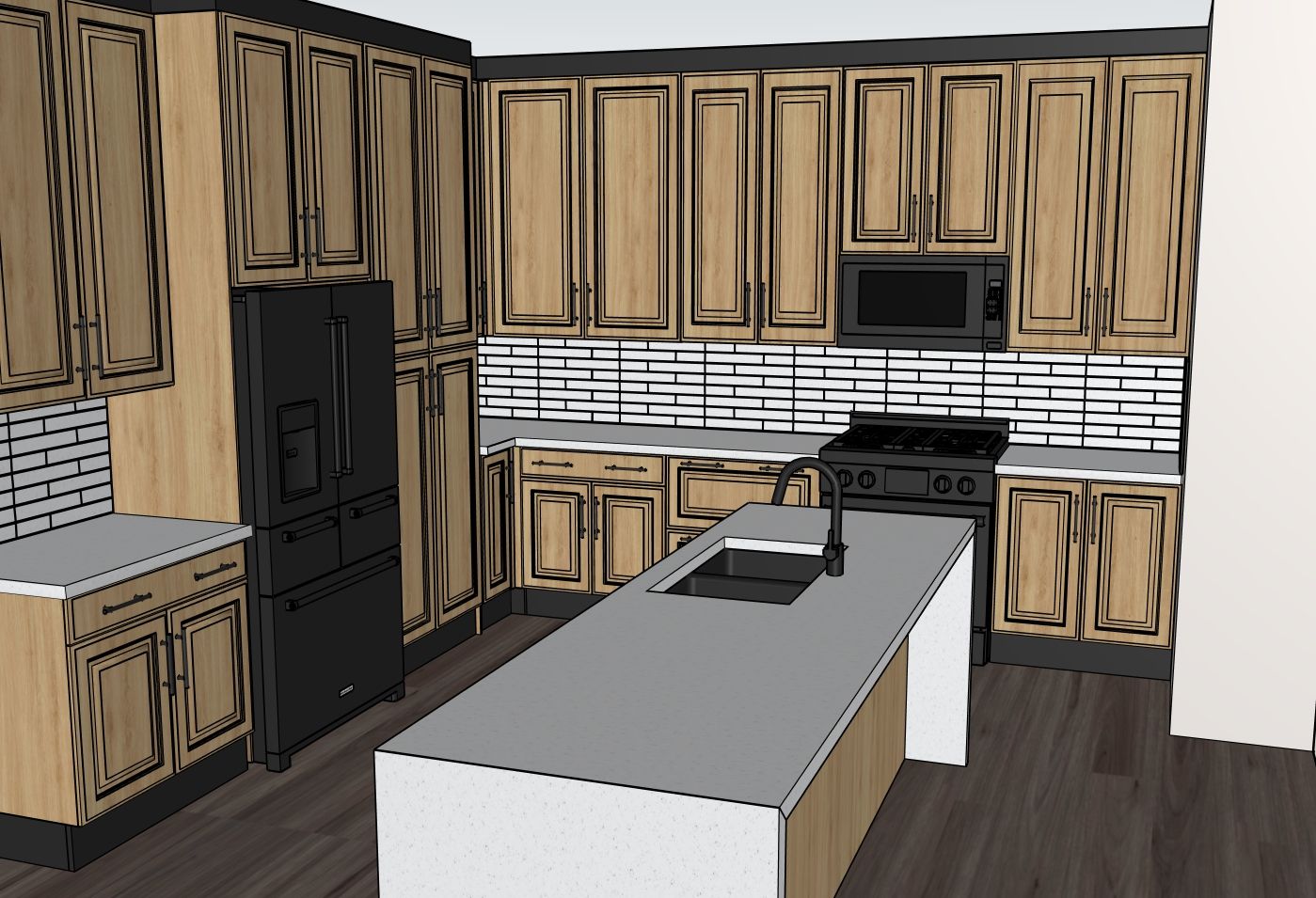 3D rendering of a kitchen design with wood cabinets, black appliances, subway tile and an island